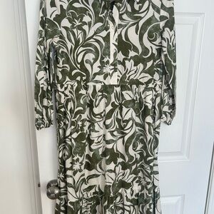 NEW Rachel Zoe Cotton Tiered Green White Leaves Maxi Dress Size Small